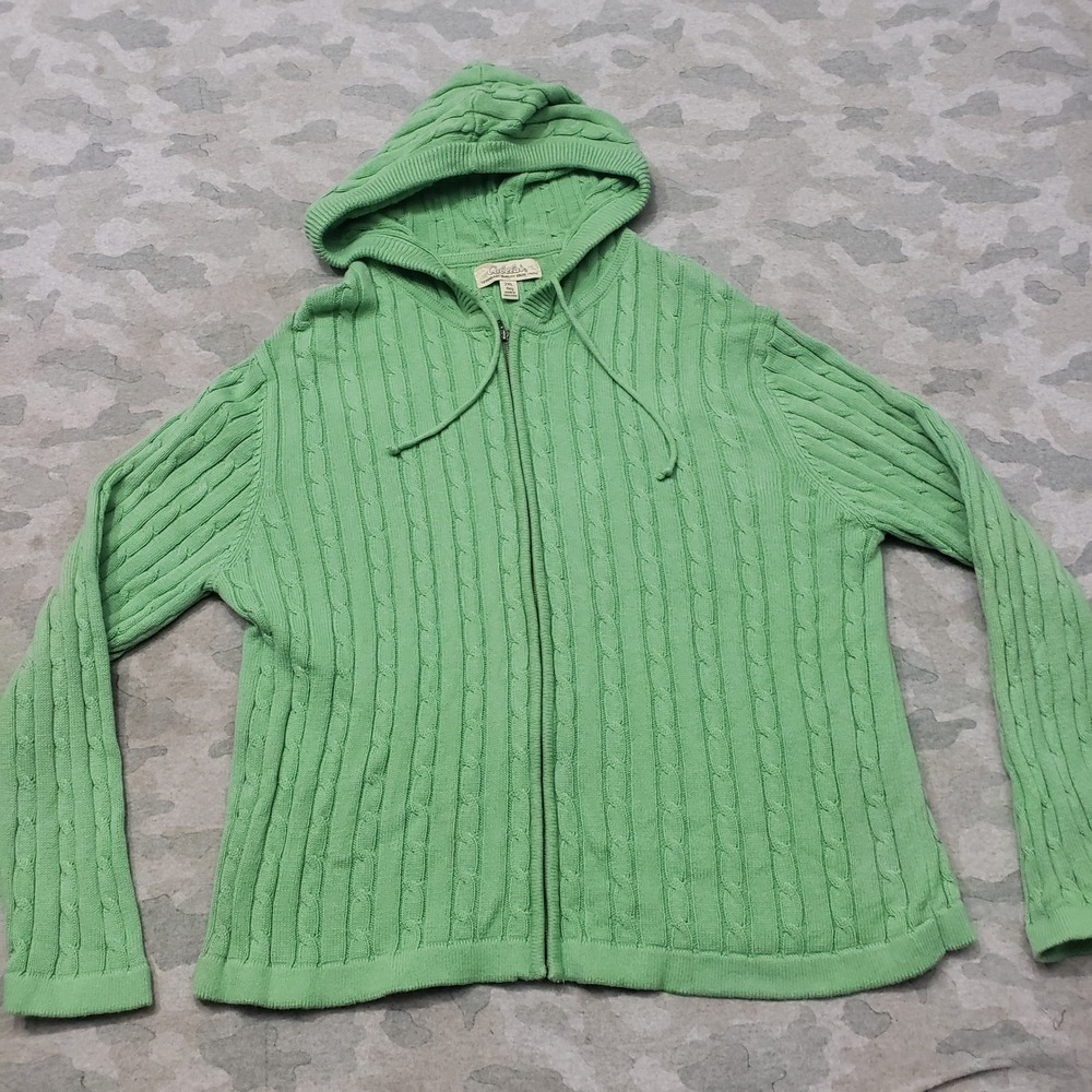 Cabelas Sweater Womens 2XL Green Cable Knit Full Zip Hooded Outdoors Hiking